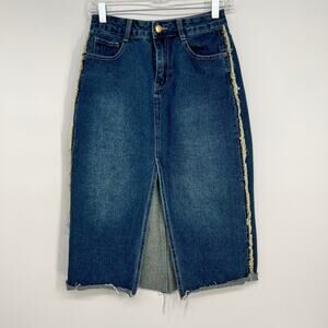 Dazy Denim Skirt Small Midi Front Split Western Fringe Cut Off Hem Boho Y2K